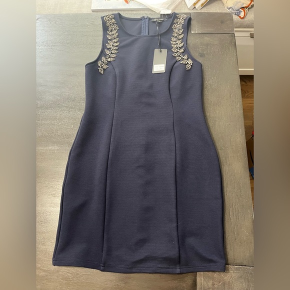 NWT Navy Blue Beaded Bodycon Dress | NYE Cocktail Party Large - Picture 7 of 10